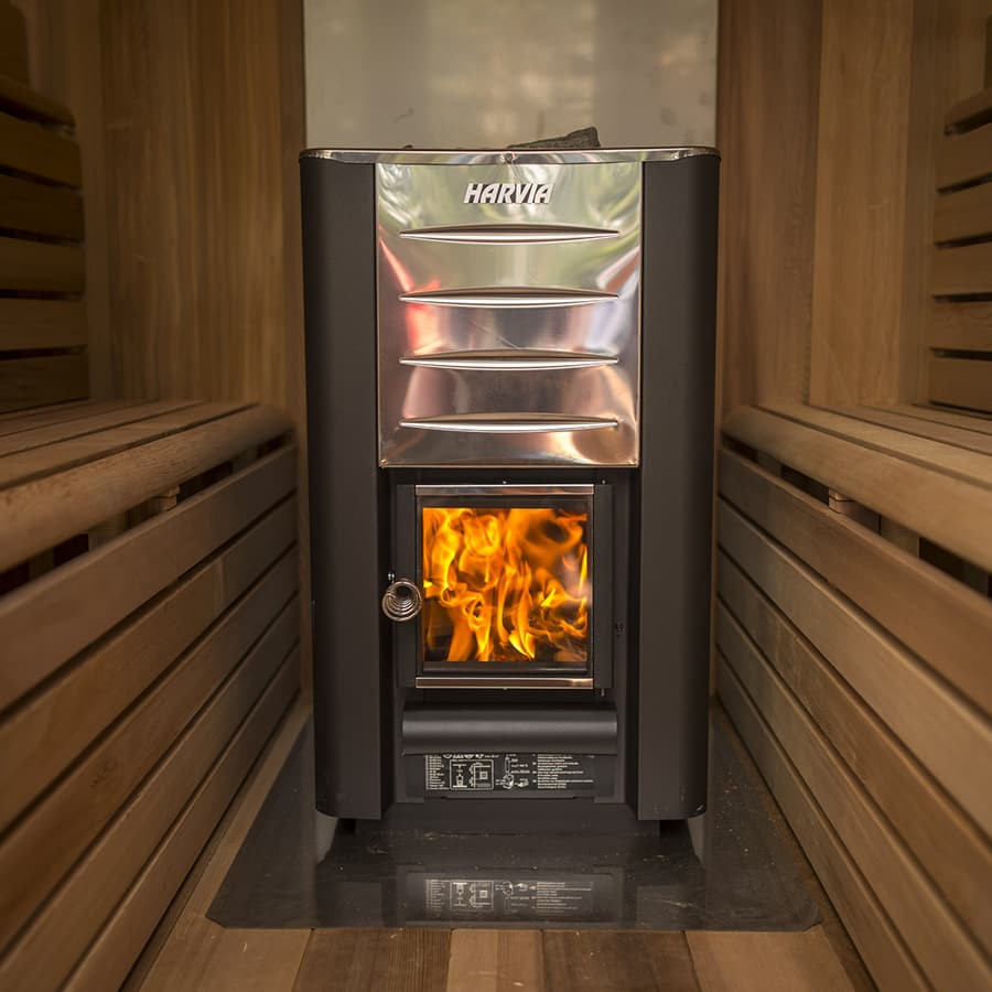 Harvia M3 Stove with fire visible through glass door