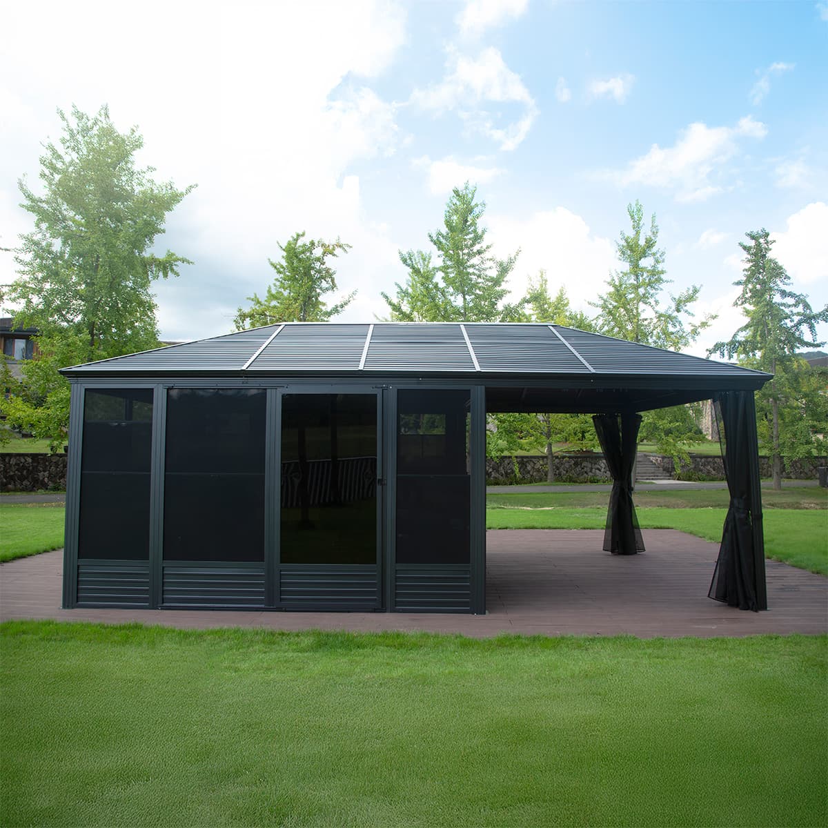 Duomo Gazebo - 11'x21' Anthracite Black Aluminum/Dark Brown