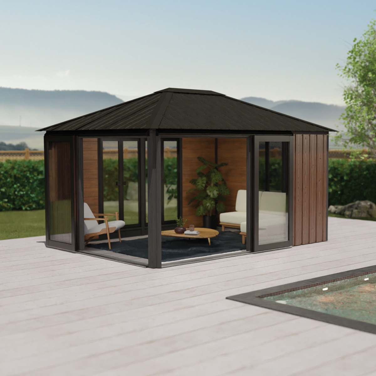 Wooden Pavilion Sofia 11'x14' - 1 Door Blacksmith/Espresso