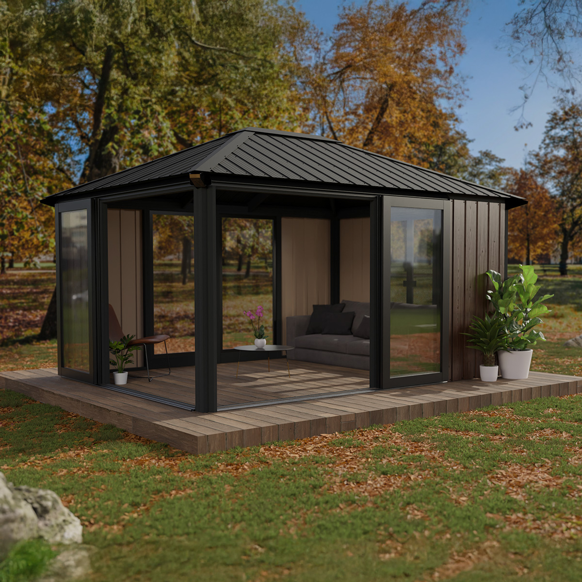 Wooden Pavilion Sofia 11'x14' - 1 Door Blacksmith/Espresso