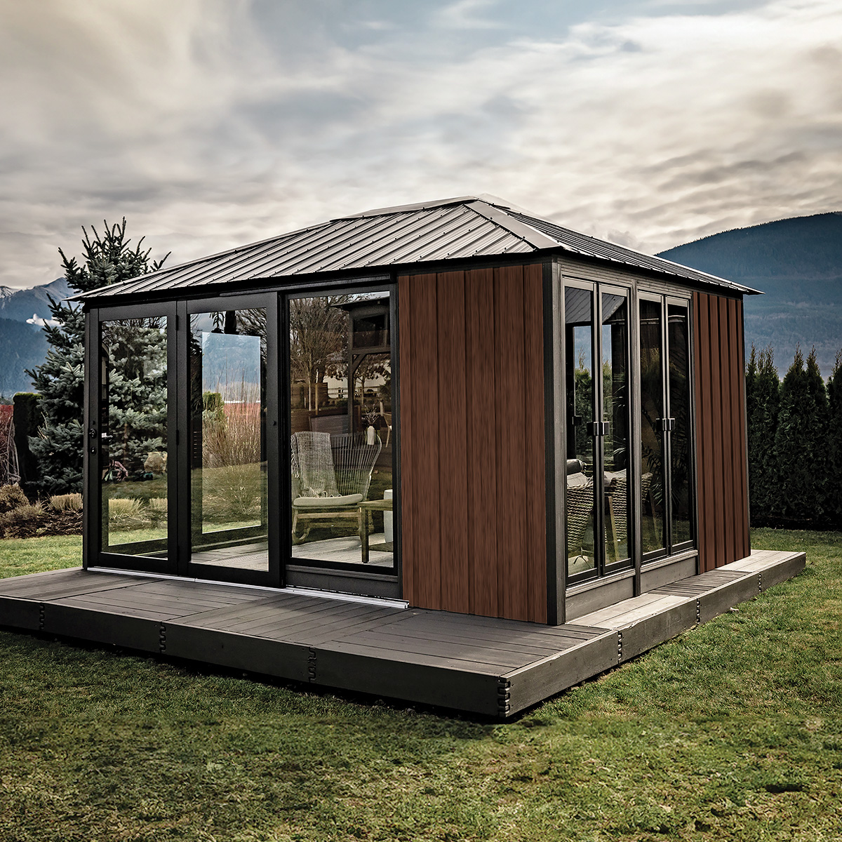 Wooden Pavilion Sofia 11'x14' - 1 Door Blacksmith/Espresso