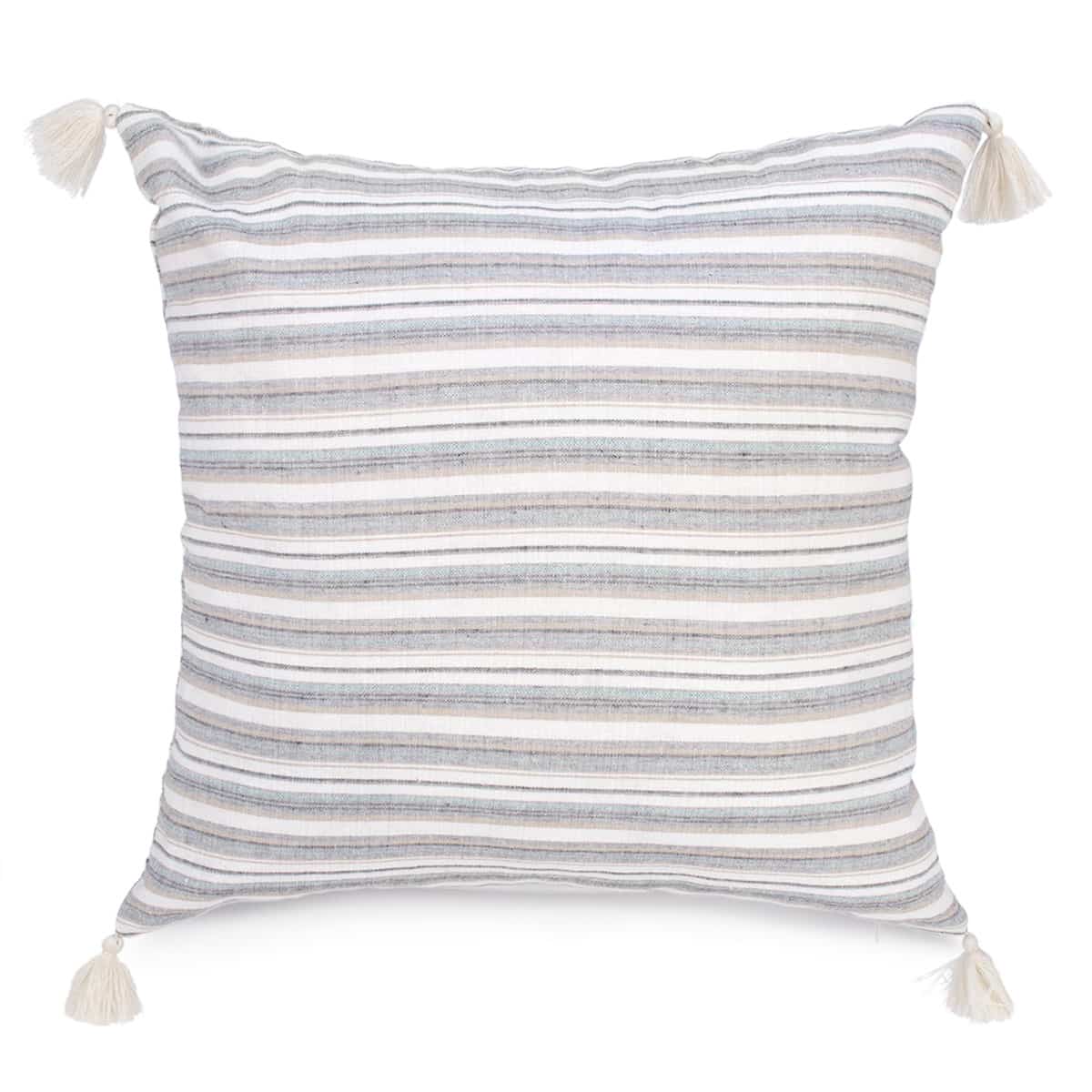 Coussin rayé gris avec gland