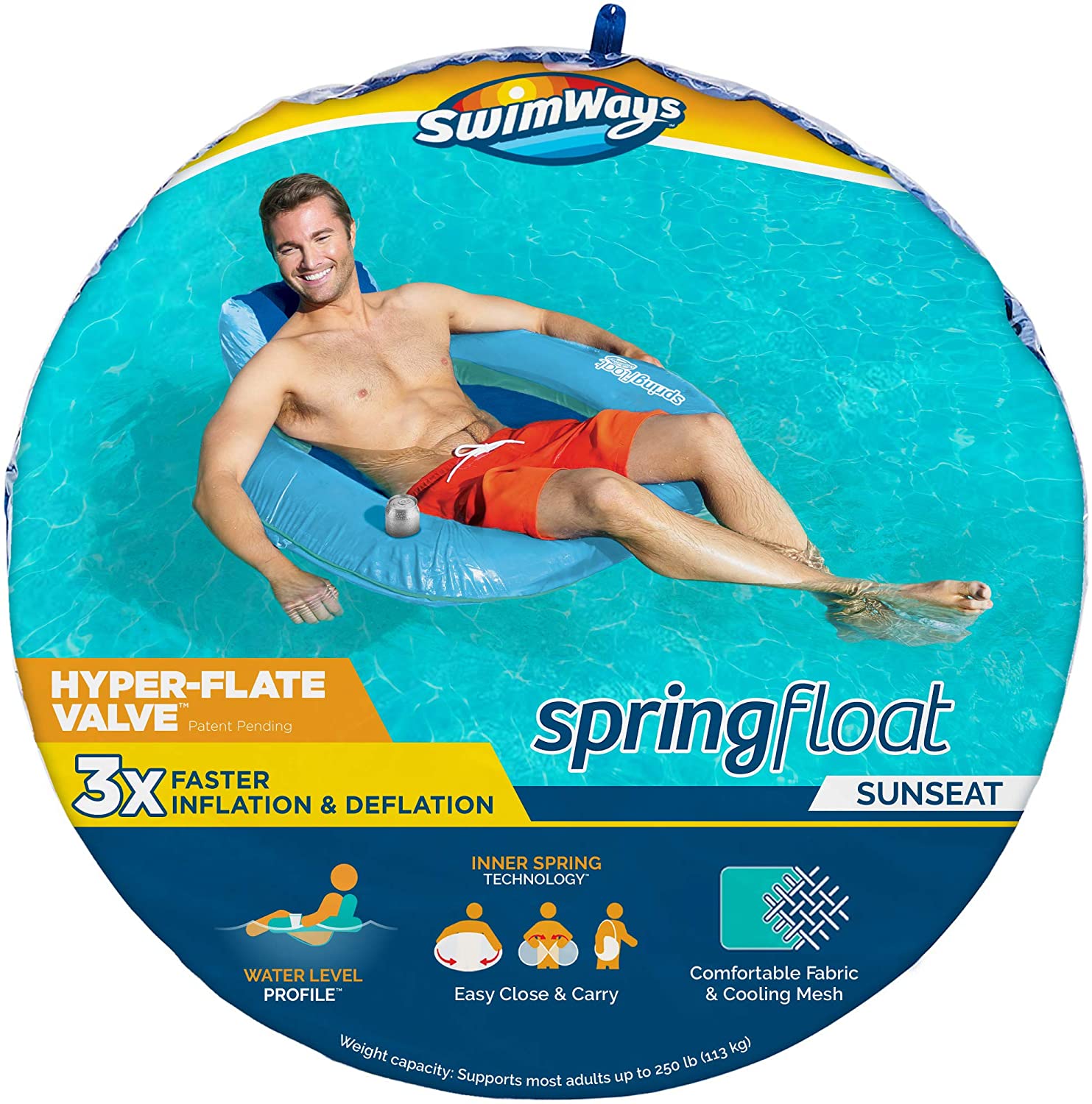Spring Float SunSeat Inflatable Floating Pool Chair with Hyper-Flate Valve (Blue)