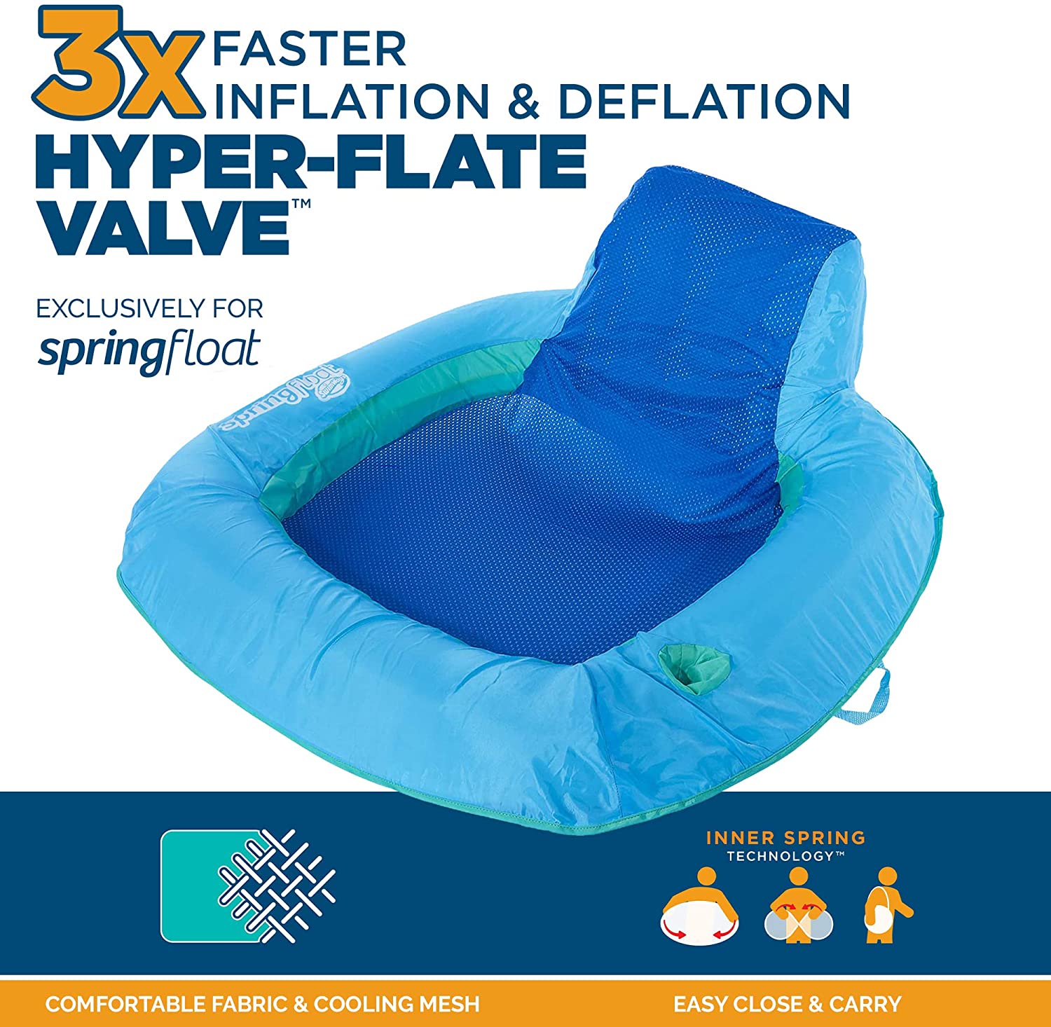 Spring Float SunSeat Inflatable Floating Pool Chair with Hyper-Flate Valve (Blue)