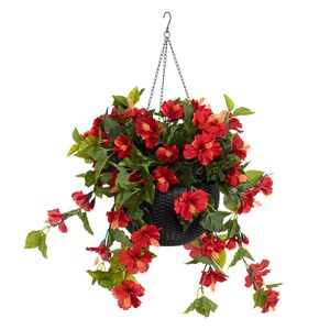 Jardinière suspendue d’hibiscus artificiels rouges